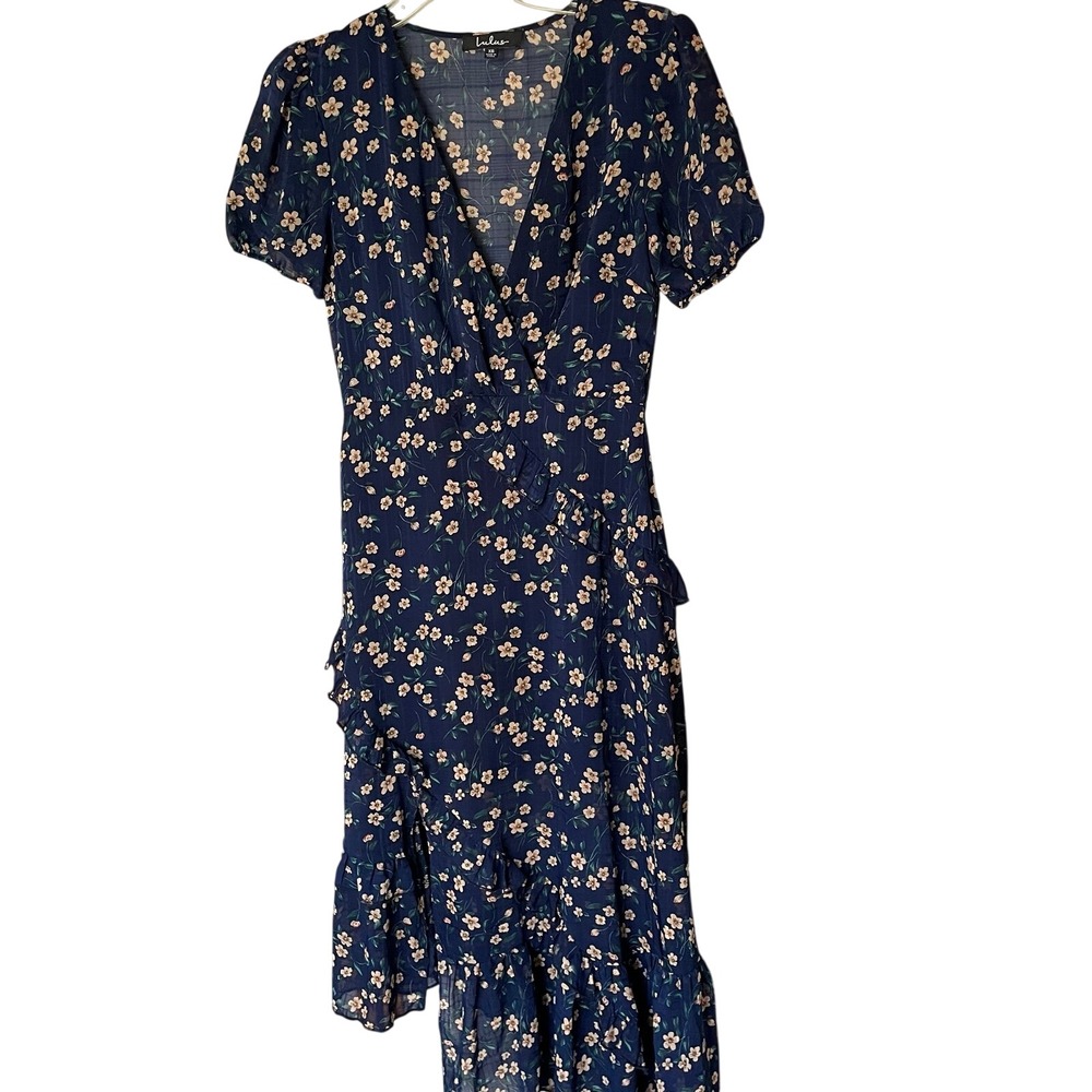 Lulu's Petals and Poetry Navy Blue Floral Print Ruffled Midi Dress, XS